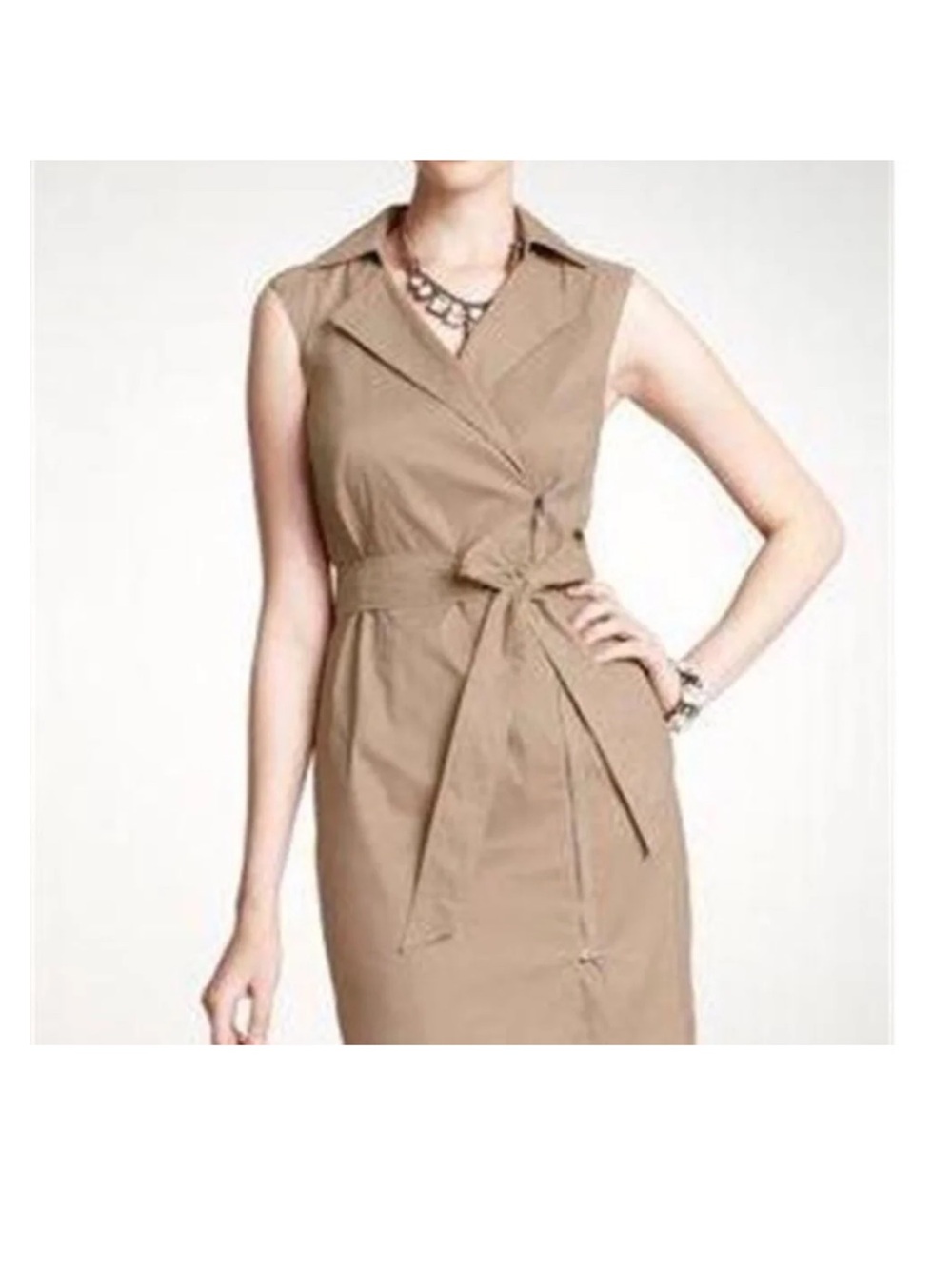 Ann Taylor Sleeveless Belted Trench Dress in Taupe